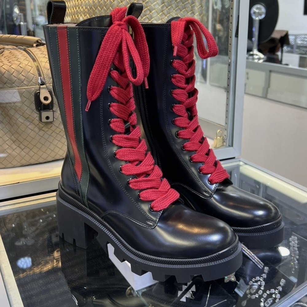 New GUCCI Black Leather Sylvie Web Stripe Lace Up Combat Boots Size 36.5 - Picture 4 of 13